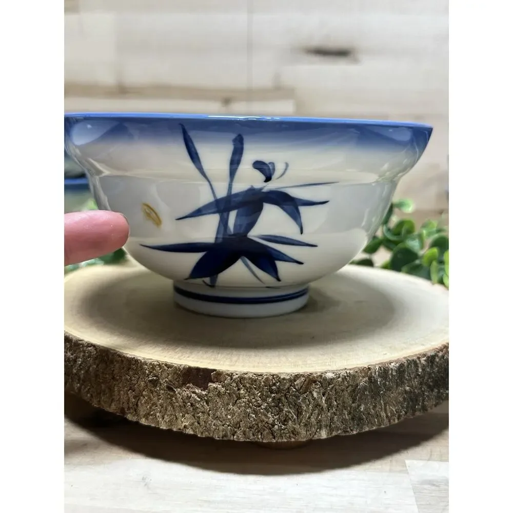 Set/12 Vintage Chinese Porcelain Rice Bowls Blue‎ & White Bamboo Motif 6 LG 6 SM